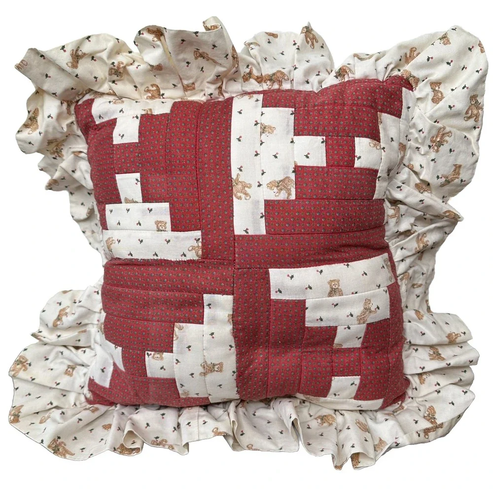Vintage Christmas Quilted Pillow Handmade Throw Pillow Shabby Cottage Bear Red